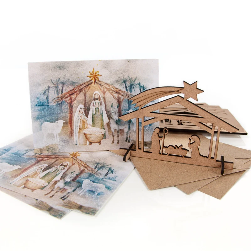 3 Weihnachtskarten DIN A6 Klappkarten mit Umschlag – Heilige Familie mit Mini-Krippe aus Holz