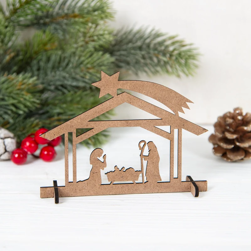 3 Weihnachtskarten DIN A6 Klappkarten mit Umschlag – Heilige Familie mit Mini-Krippe aus Holz
