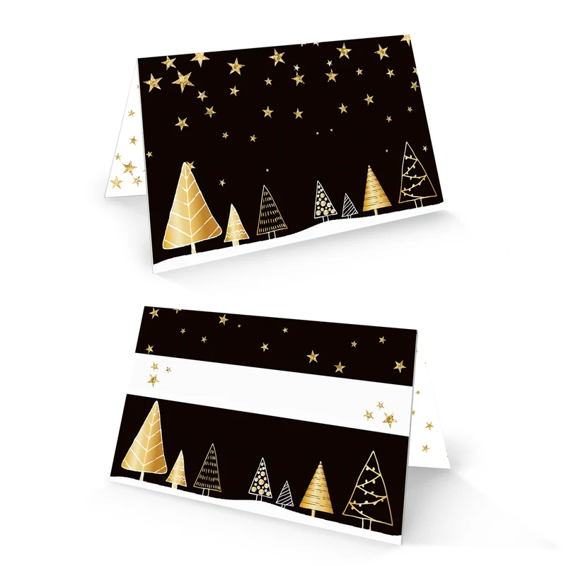 Tischkarten Weihnachten 25 Stück schwarz gold weiß mit Weihnachtsbäumen