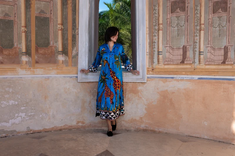 Kaftan GIRAFFE, blau, 100% Seide