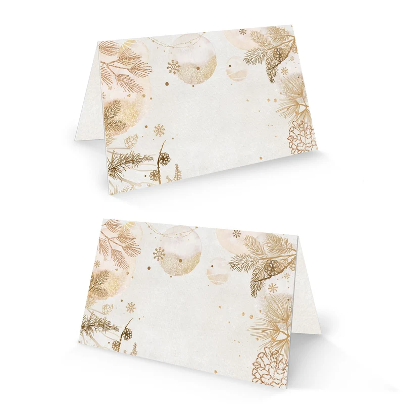 Tischkarten Weihnachten 25 Stück gold beige mit Zweigen und Zapfen