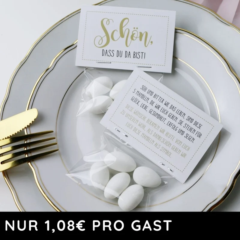 Gastgeschenk Set italienische Mandeln mit Spruch weiß (für 48 Gäste)