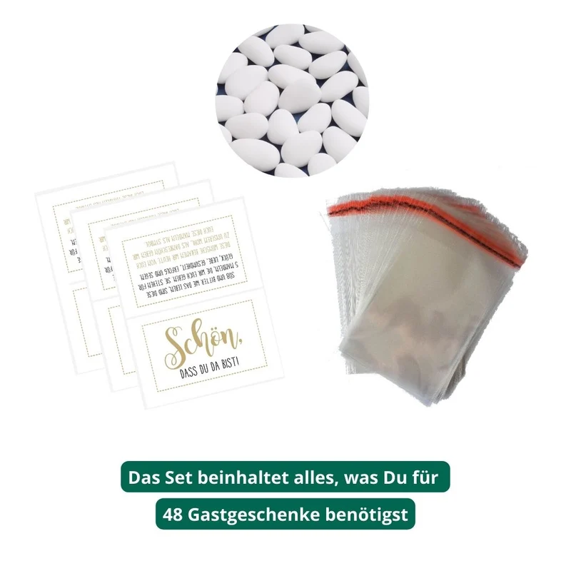 Gastgeschenk Set italienische Mandeln mit Spruch weiß (für 48 Gäste)