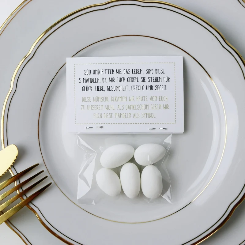 Gastgeschenk Set italienische Mandeln mit Spruch weiß (für 48 Gäste)