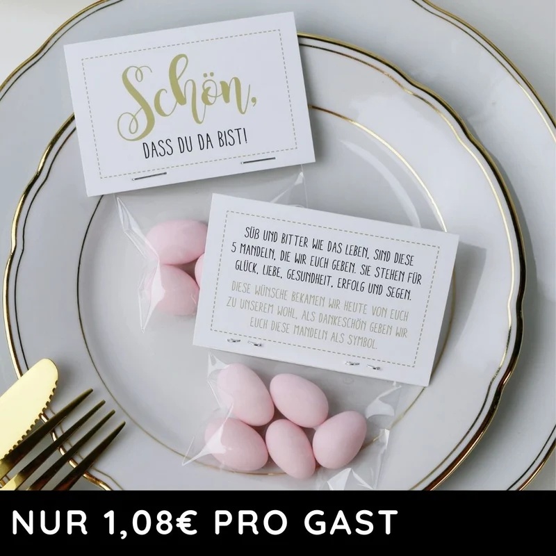 Gastgeschenk Set italienische Mandeln mit Spruch rosa (für 48 Gäste)