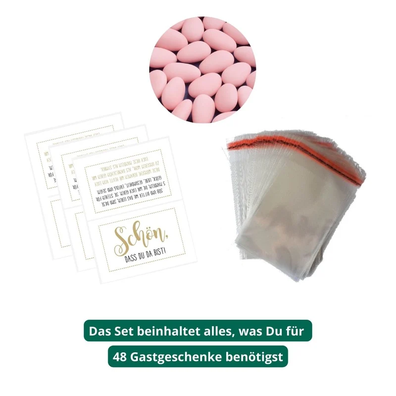 Gastgeschenk Set italienische Mandeln mit Spruch rosa (für 48 Gäste)