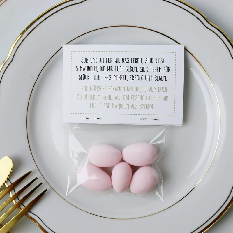 Gastgeschenk Set italienische Mandeln mit Spruch rosa (für 48 Gäste)