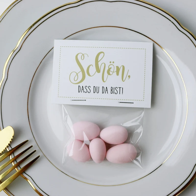 Gastgeschenk Set italienische Mandeln mit Spruch rosa (für 48 Gäste)