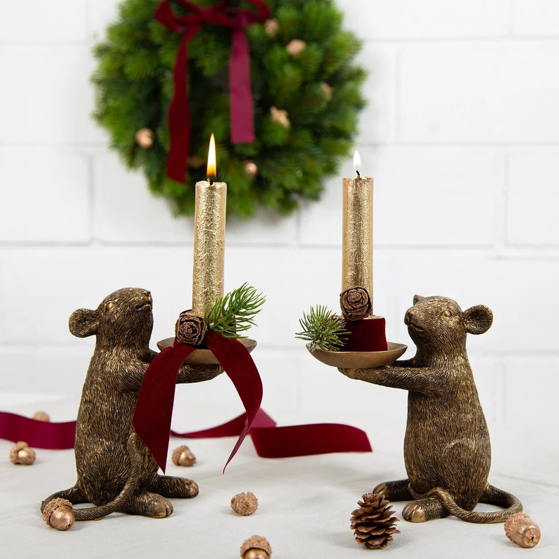 2 Mäuse Kerzenständer Gold für Stabkerzen Weihnachten extravagant 15,5 cm