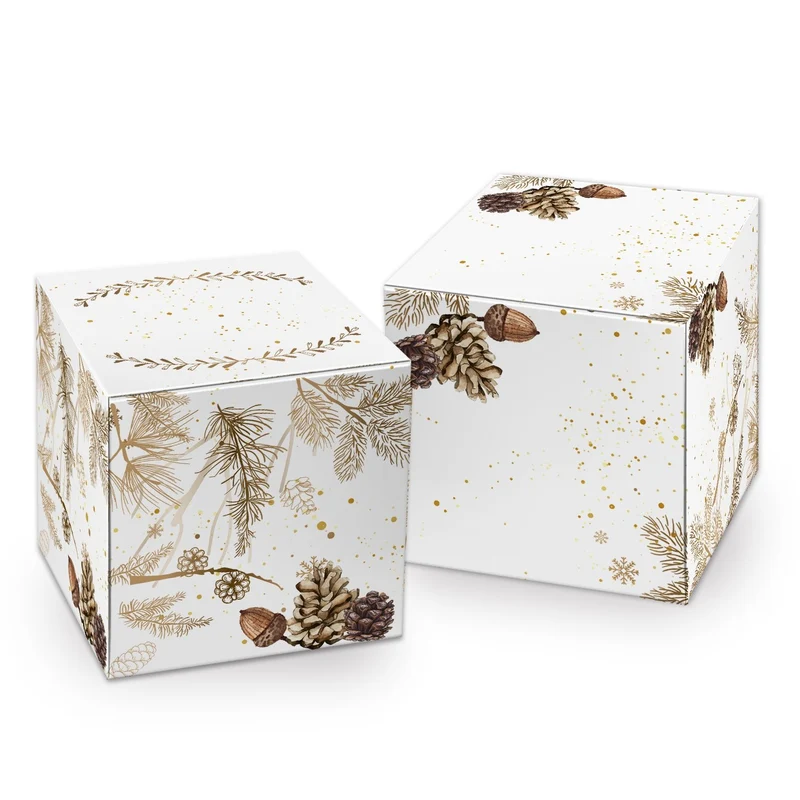 25 Geschenkboxen weiß 8 x 8 cm mit Zapfen und Zweigen braun-gold