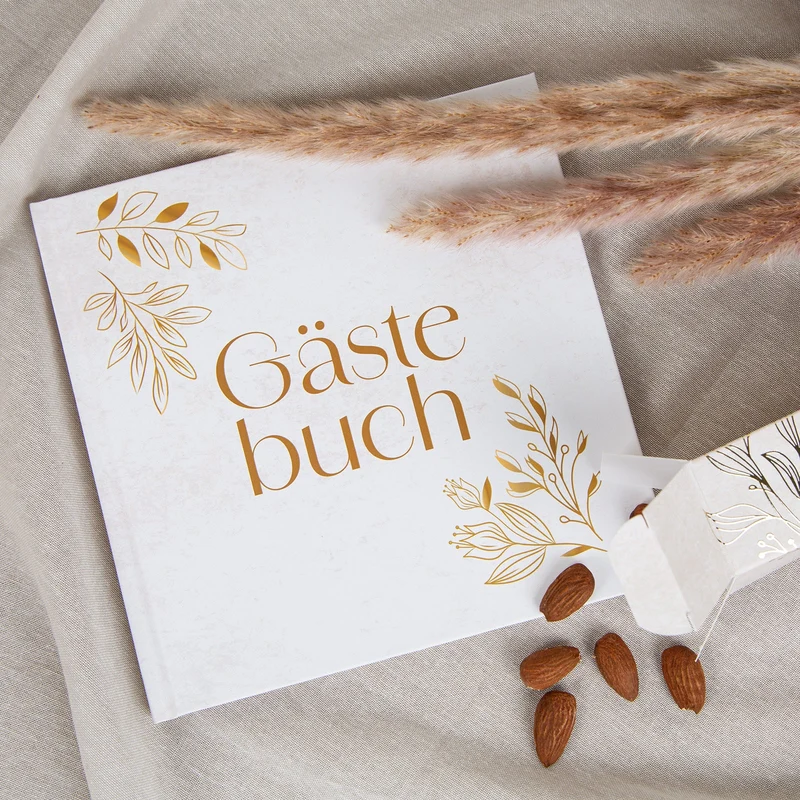 Boho Gästebuch mit weißen Seiten gold beige 18 x 18 cm Hochzeitsgästebuch