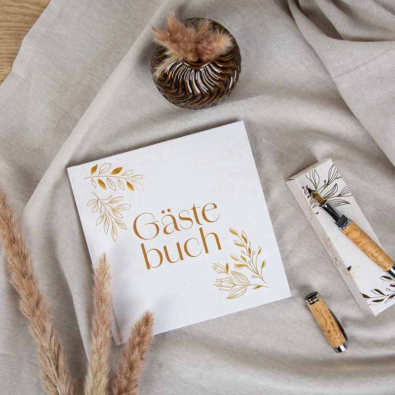 Boho Gästebuch mit weißen Seiten gold beige 18 x 18 cm Hochzeitsgästebuch