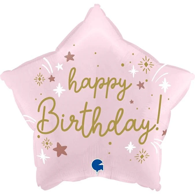 18"/Ø46cm Stern Folienballon "Happy Birthday" | Satin Rosa