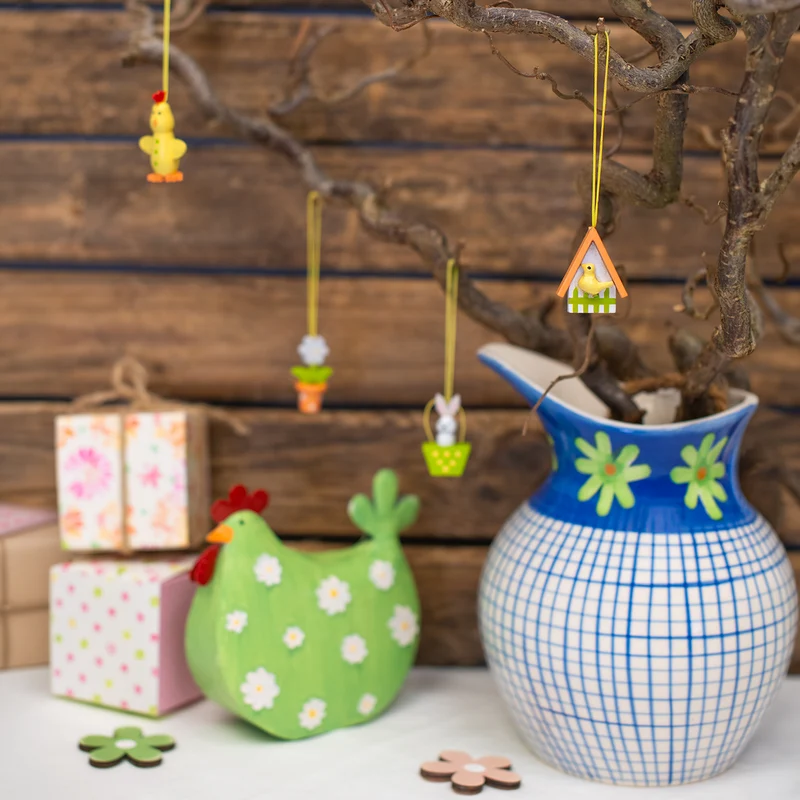 Holz Osterdeko zum Aufhängen Set 11-teilig Bunte Osteranhänger Frühlingsdeko 3,5-5 cm