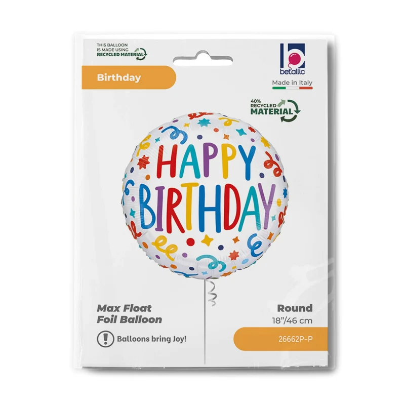 18"/Ø46cm Folienballon "Happy Birthday" Luftschlangen