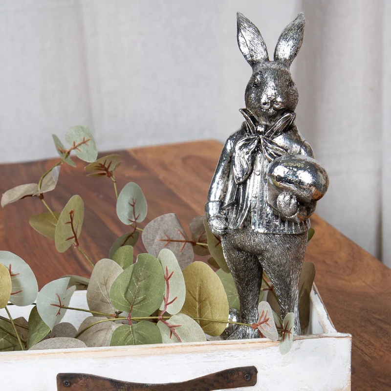 Exklusive Osterdekoration zum Hinstellen Osterhasen Figur Silber Vintage 22 cm
