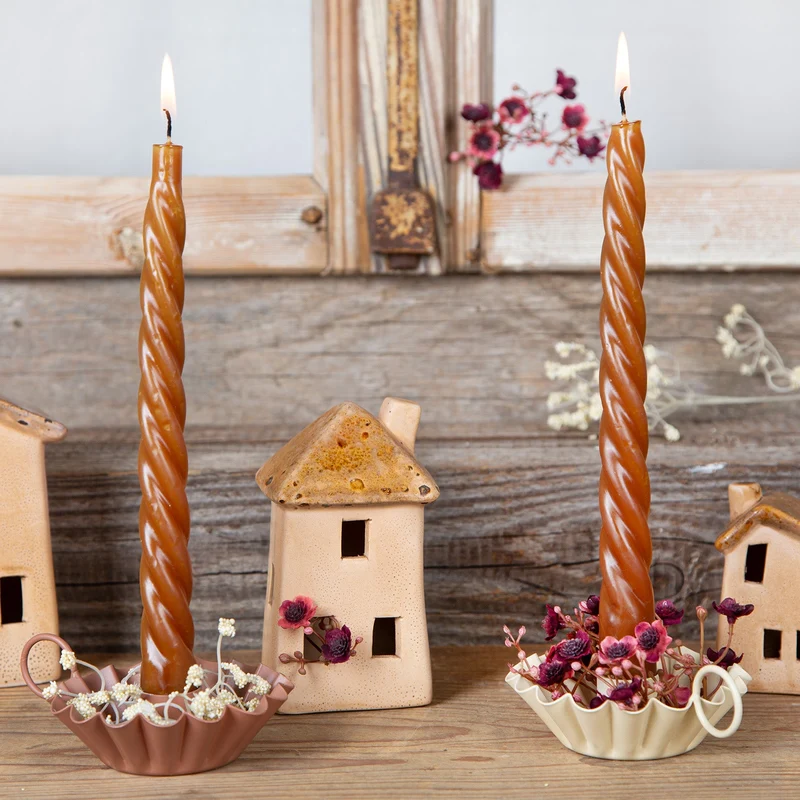 2 Boho Kerzenhalter für Stabkerzen beige braun Tischdeko Nostalgie 10 x 9 cm