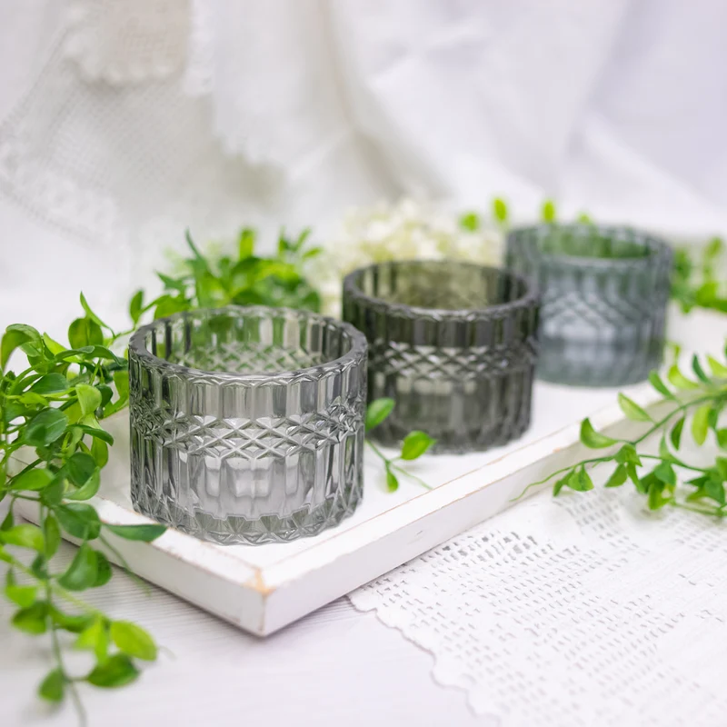 3 Teelichthalter aus Glas grau schwarz transparent Teelichtgläser Deko 9 cm