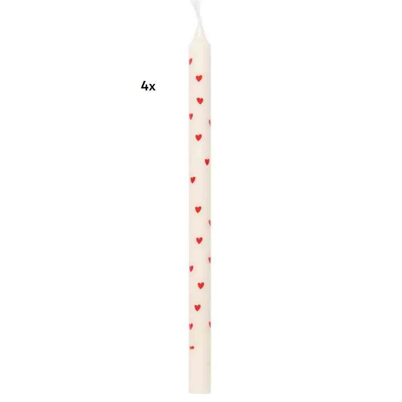 Kerzen HERZ 4 Stück lang + schmal STEARIN-Mix 20x1,3 cm weiß mit rot IB LAURSEN