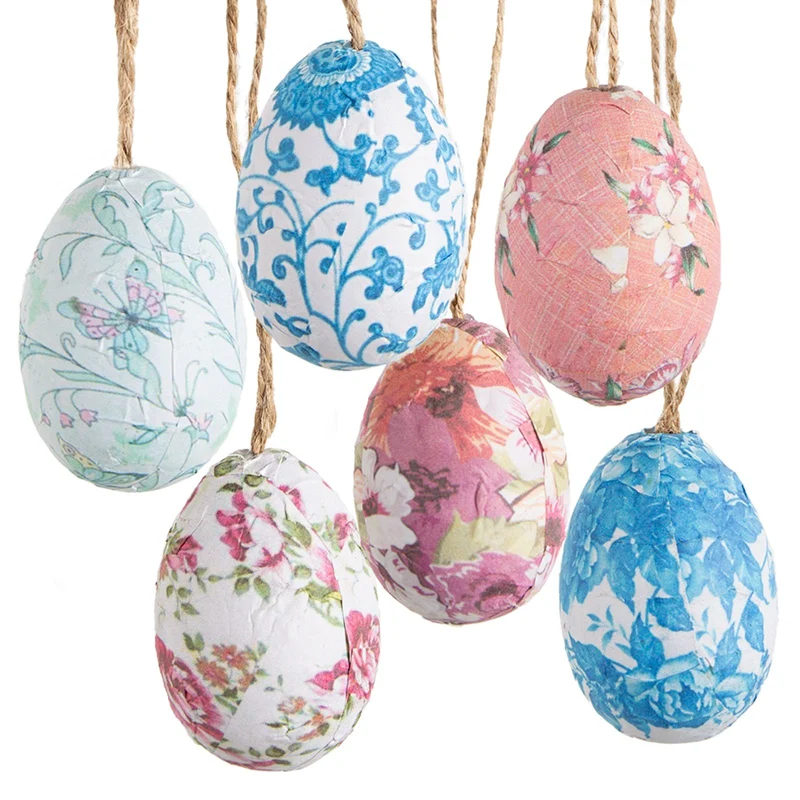 6 Nostalgie Ostereier blau rosa floral künstliche Deko Eier Anhänger bunt