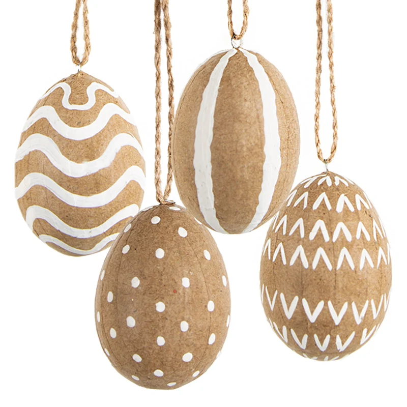 4 Ostereier zum Aufhängen braun weiß Natur Osterdeko Pappmaché Eier Vintage