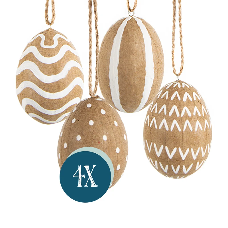 4 Ostereier zum Aufhängen braun weiß Natur Osterdeko Pappmaché Eier Vintage