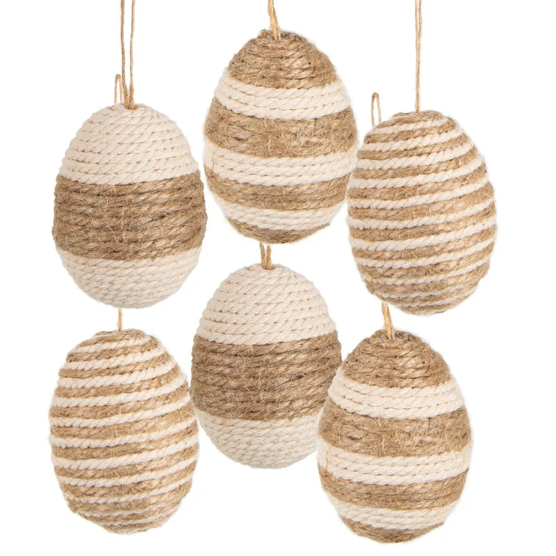 6 Ostereier aus Stoff/Jute Creme braun 6,5 cm Makramee zum Aufhängen