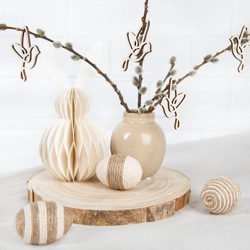 6 Ostereier aus Stoff/Jute Creme braun 6,5 cm Makramee zum Aufhängen