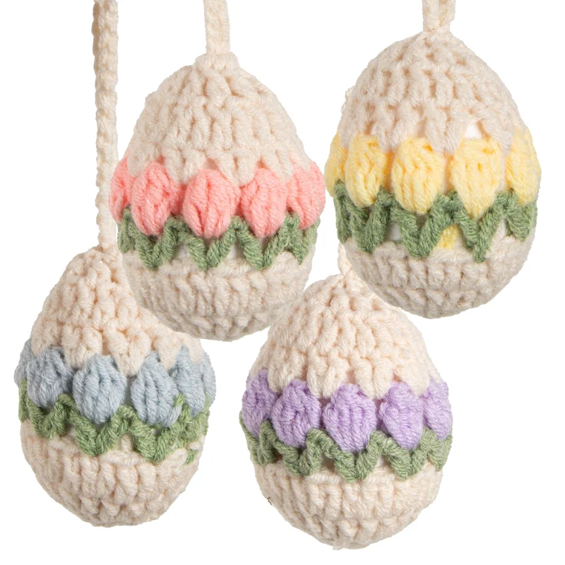 4 Retro Ostereier zum Aufhängen Creme bunt gehäkelt Stoff-Eier Osterdekoration 7 cm