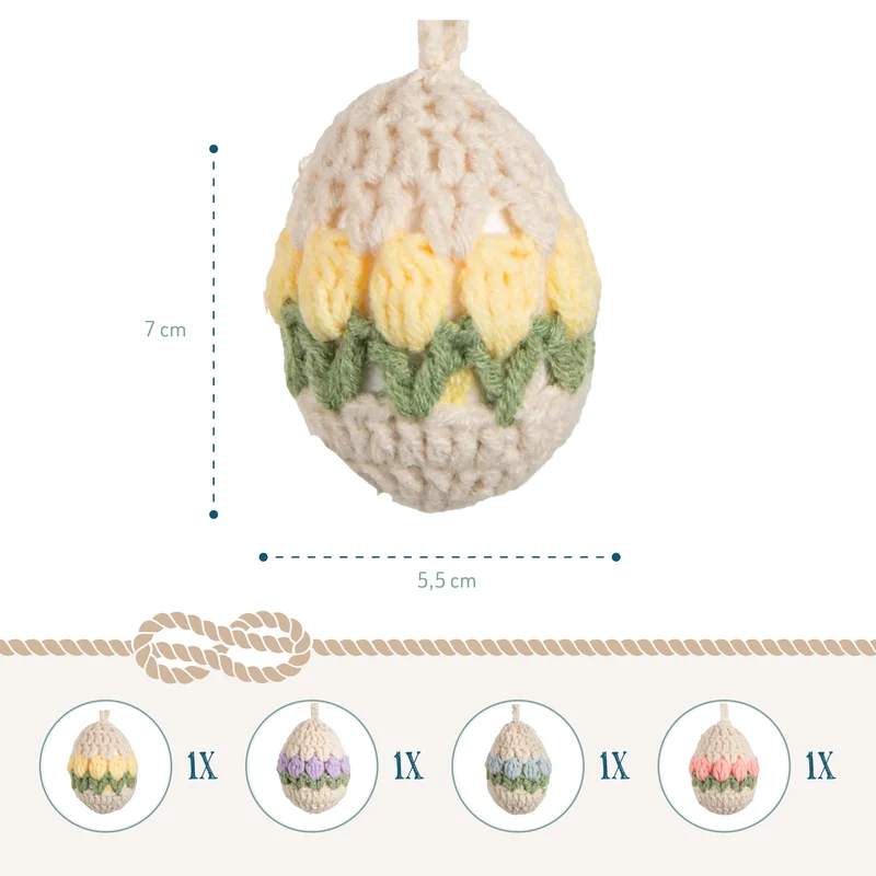 4 Retro Ostereier zum Aufhängen Creme bunt gehäkelt Stoff-Eier Osterdekoration 7 cm