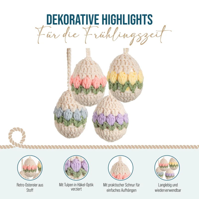 4 Retro Ostereier zum Aufhängen Creme bunt gehäkelt Stoff-Eier Osterdekoration 7 cm