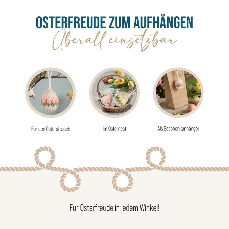 4 Retro Ostereier zum Aufhängen Creme bunt gehäkelt Stoff-Eier Osterdekoration 7 cm