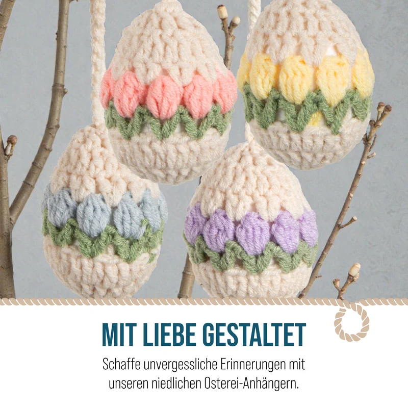 4 Retro Ostereier zum Aufhängen Creme bunt gehäkelt Stoff-Eier Osterdekoration 7 cm