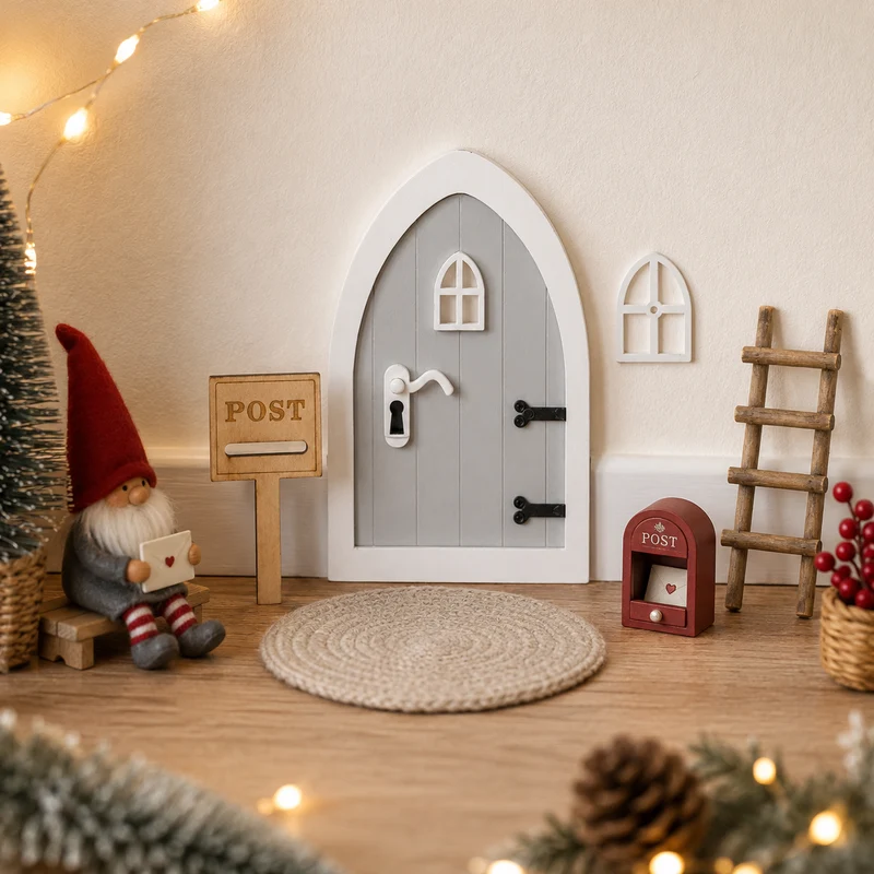 Weihnachtsdekoration Elfentür aus Holz mit Fenster und Briefkasten Pink / Grau / Grün | 10 x 15 cm