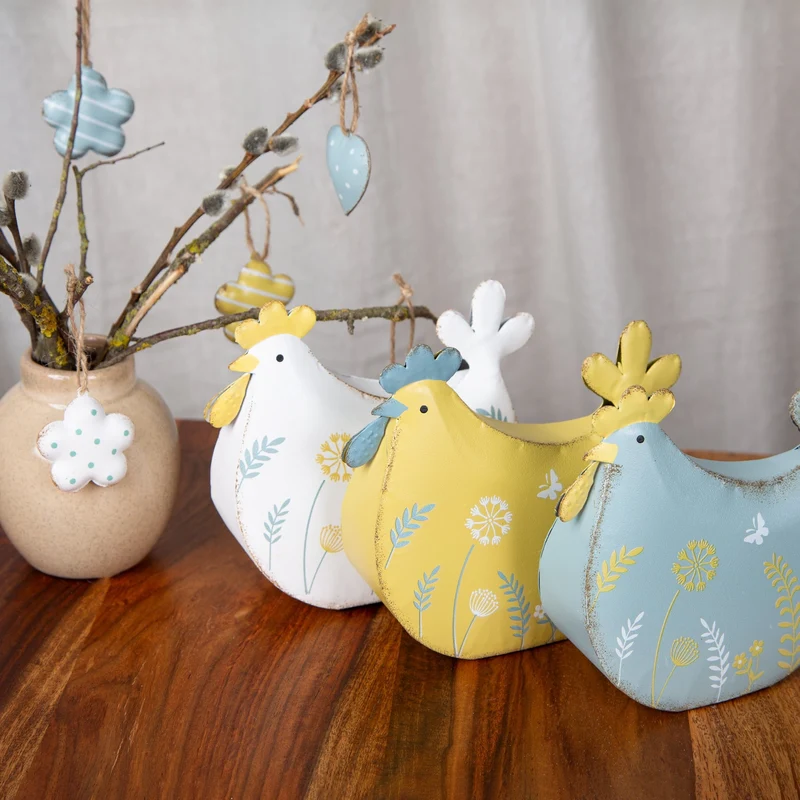 3 Metall Hühner gelb weiß blau Osterdekoration Frühlingsdeko zum Hinstellen 15 cm