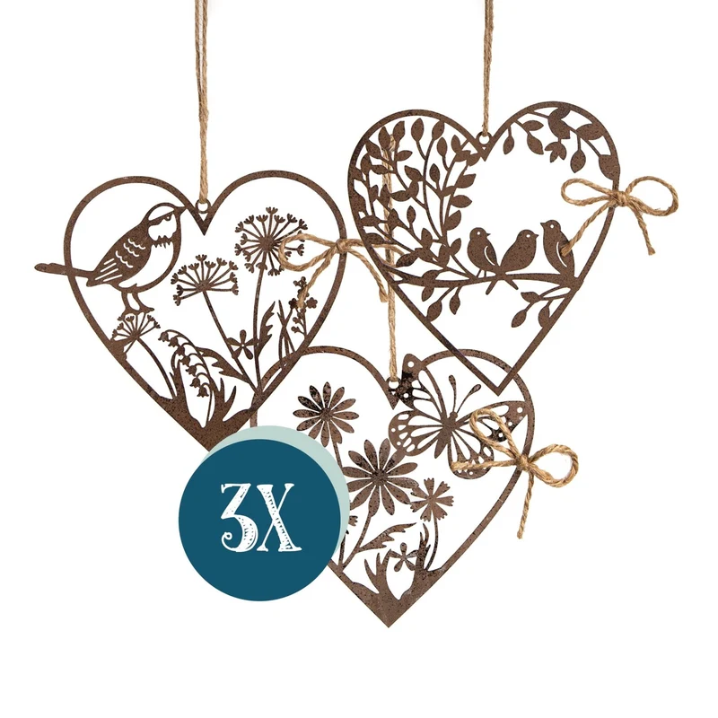 3 rostige Metallherzen zum Aufhängen Rostbraun Frühling Osterdeko 11,5 cm