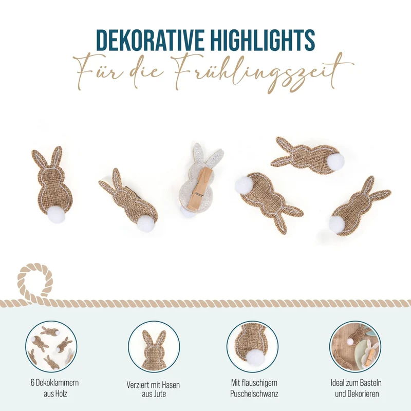 6 Ostern Dekoklammern Osterhase Clips aus Holz & Jute braun Natur 3,5 cm