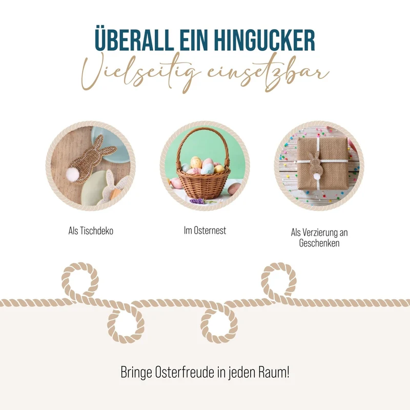 6 Ostern Dekoklammern Osterhase Clips aus Holz & Jute braun Natur 3,5 cm