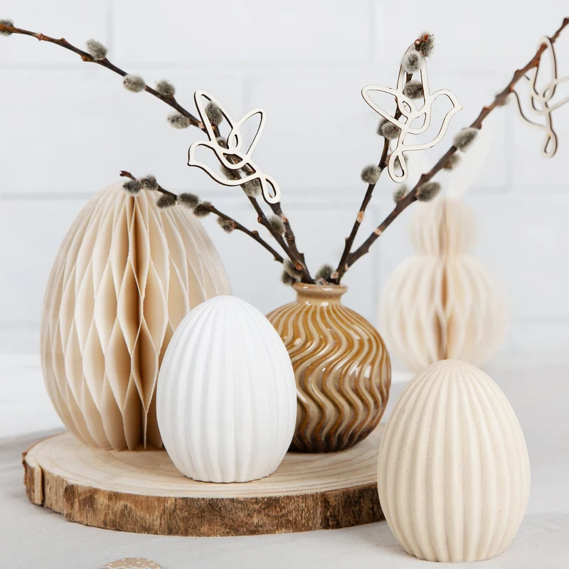 2 Osterei Figuren beige weiß sandgestrahlt Keramik Osterschmuck Scandi Hygge 9 cm