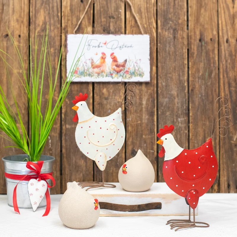2 Figuren Hahn + Henne Set beige sandgestrahlt aus Keramik Osterschmuck 9-11 cm