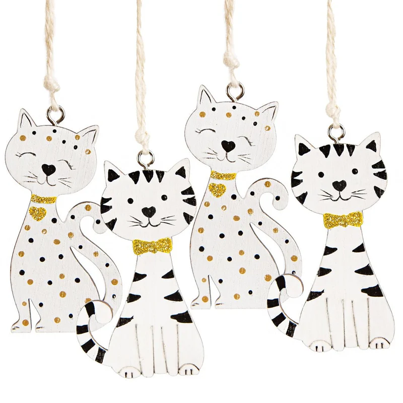 4 Katzen Deko Holzanhänger Weihnachten Gold weiß 7,5 cm