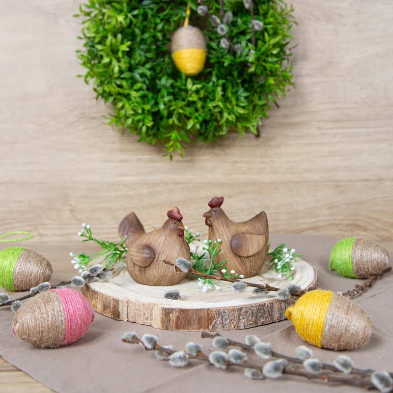 6 Bunte Ostereier mit Jute umwickelt braun rosa gelb grün Osteranhänger 6 cm