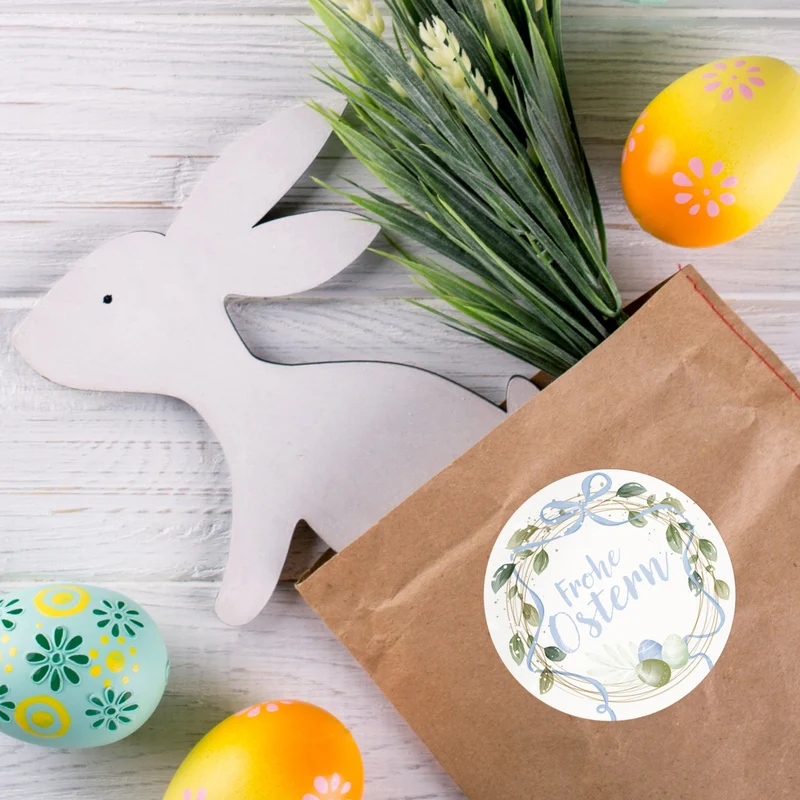 200 Frohe Ostern Sticker auf Rolle 4 cm pastell hellblau 4 cm