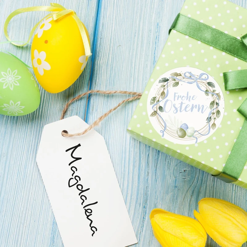 200 Frohe Ostern Sticker auf Rolle 4 cm pastell hellblau 4 cm