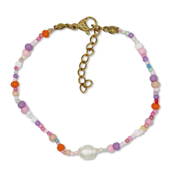 PERLENARMBAND rosa/lila inklusive gestreiftem STOFFBEUTEL mit gesticktem HERZ