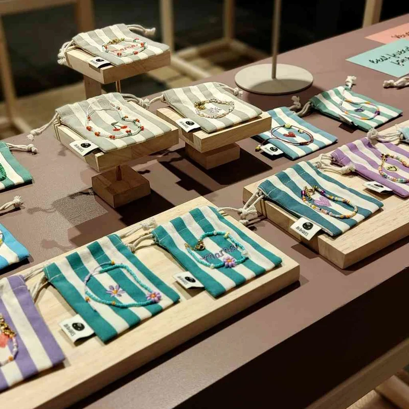 PERLENARMBAND rote KIRSCHEN inklusive gestreiftem, besticktem STOFFBEUTEL