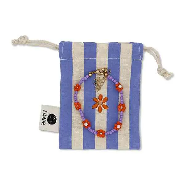 PERLENARMBAND lila/orange BLUMEN inkl. gestreiftem STOFFBEUTEL mit gestickter Blüte