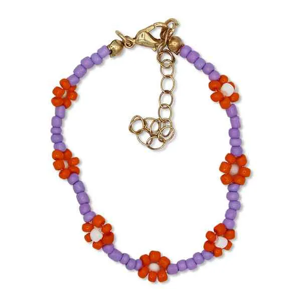 PERLENARMBAND lila/orange BLUMEN inkl. gestreiftem STOFFBEUTEL mit gestickter Blüte