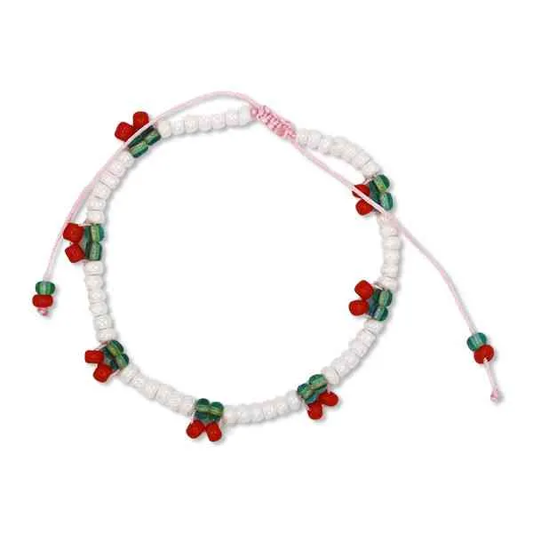 PERLENARMBAND rote KIRSCHEN inklusive gestreiftem, besticktem STOFFBEUTEL
