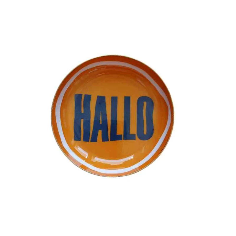 Untersetzer HALLO kleines Tablett ca. 11,5 cm Metall orange Statement-Deko